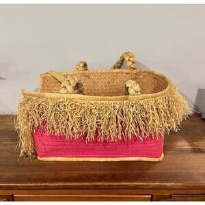 Boho Woven Straw Tote Bag Raffia Fringe Island Tiki Market Basket Beach Decor